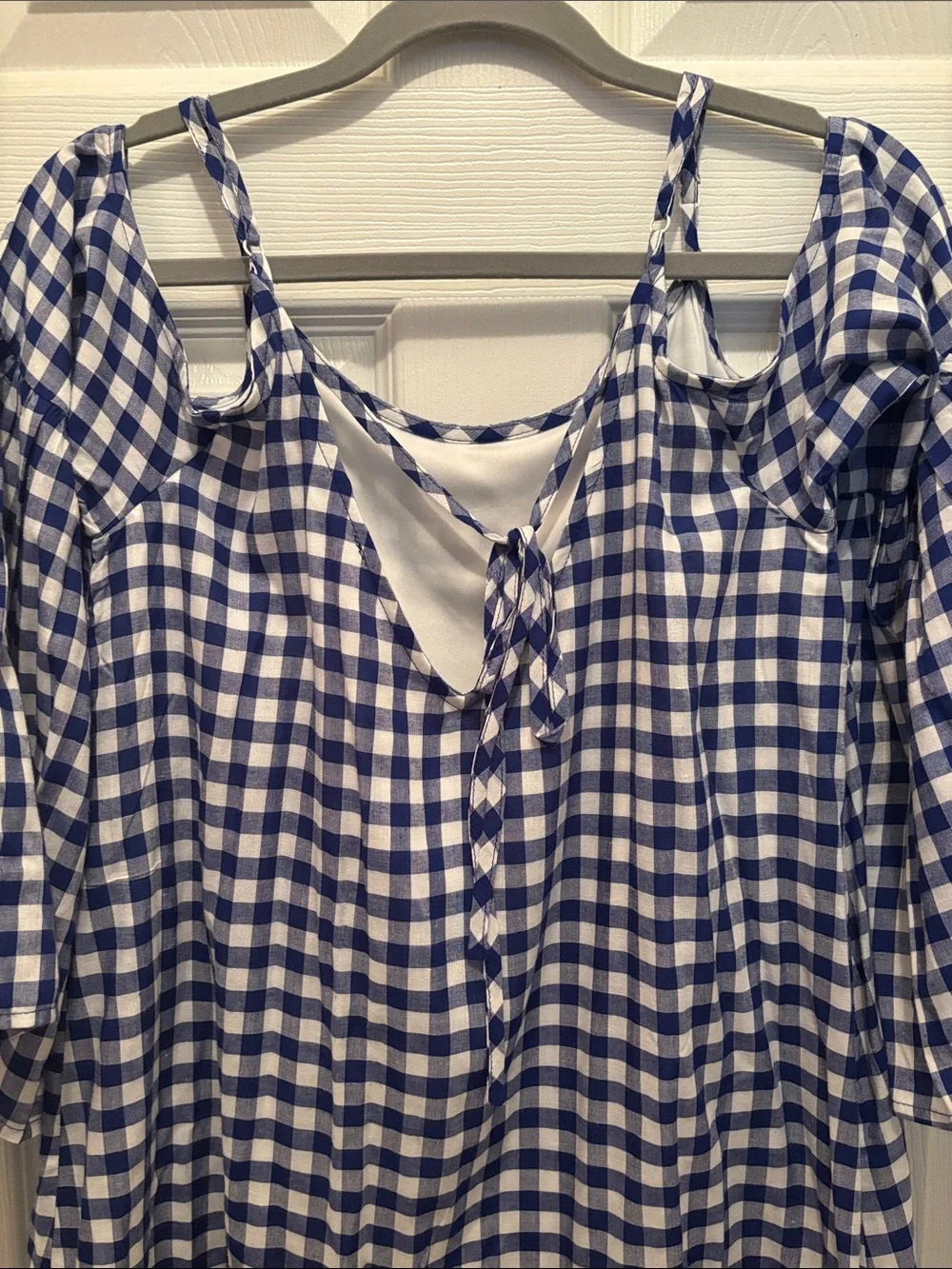 HYFVE Blue and White Checked Cold-Shoulder Tunic Style Dress